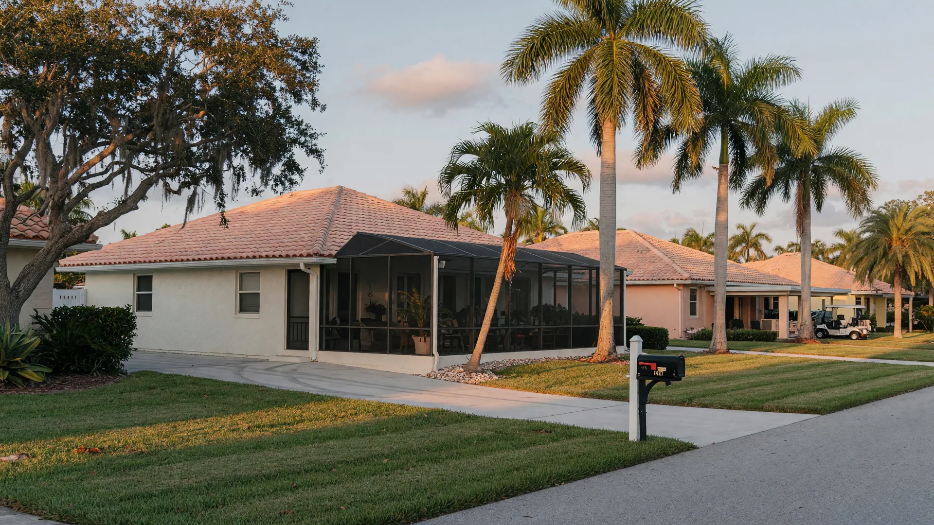 Quiet Naples, Florida residential street at golden hour with a stucco single-family home, palm trees, and a street-side mailbox