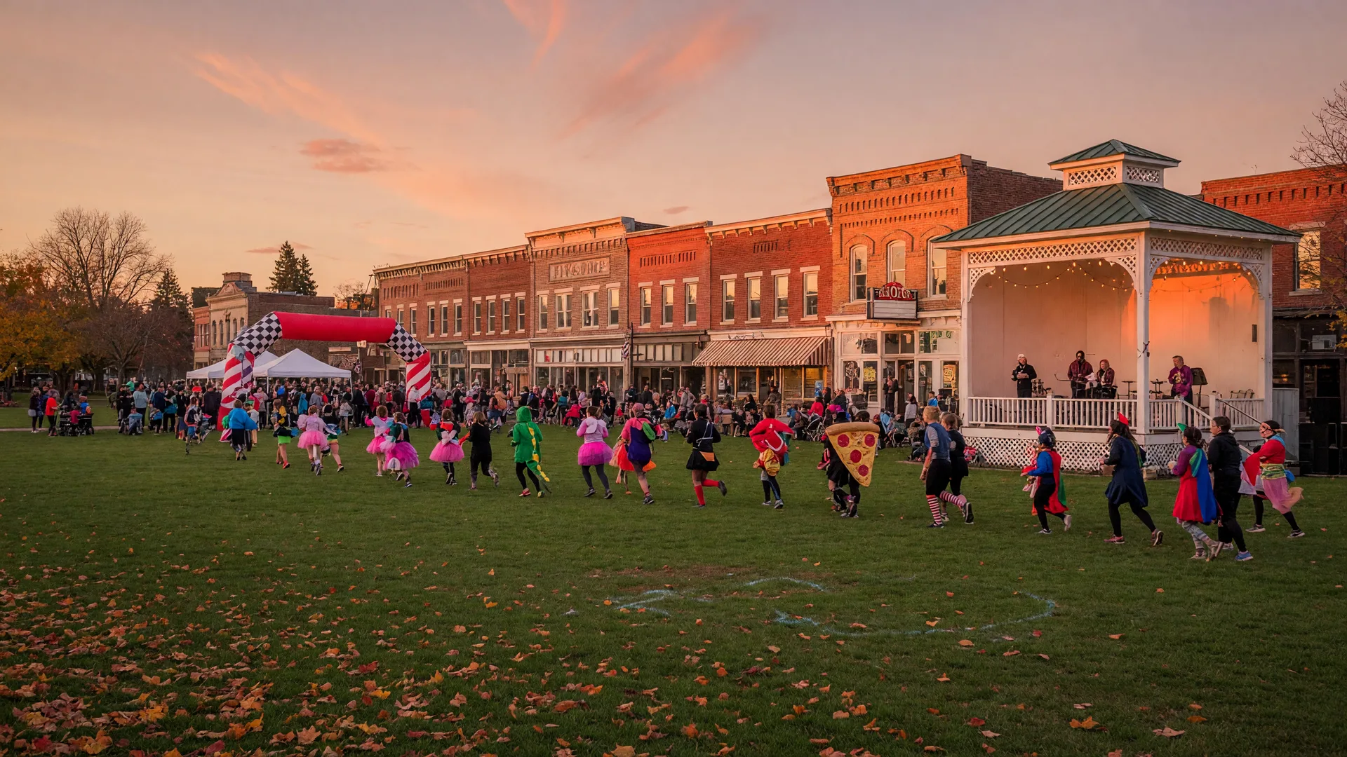 Runners in costumes crossing a green park at golden hour with a brick downtown and bandstand behind them