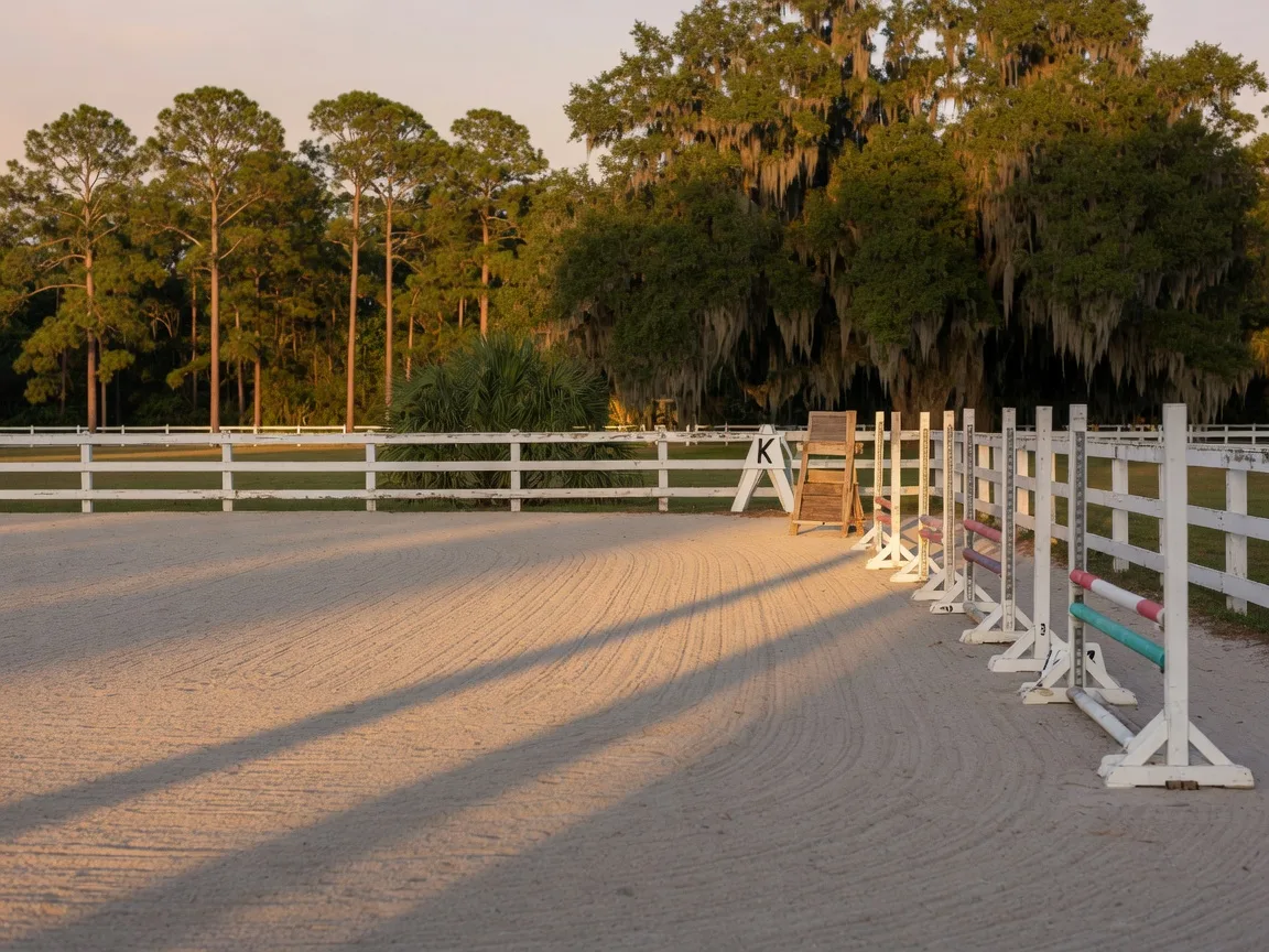 A groomed sand arena with white jump standards and rails at an Aiken, South Carolina equestrian facility in late afternoon light
