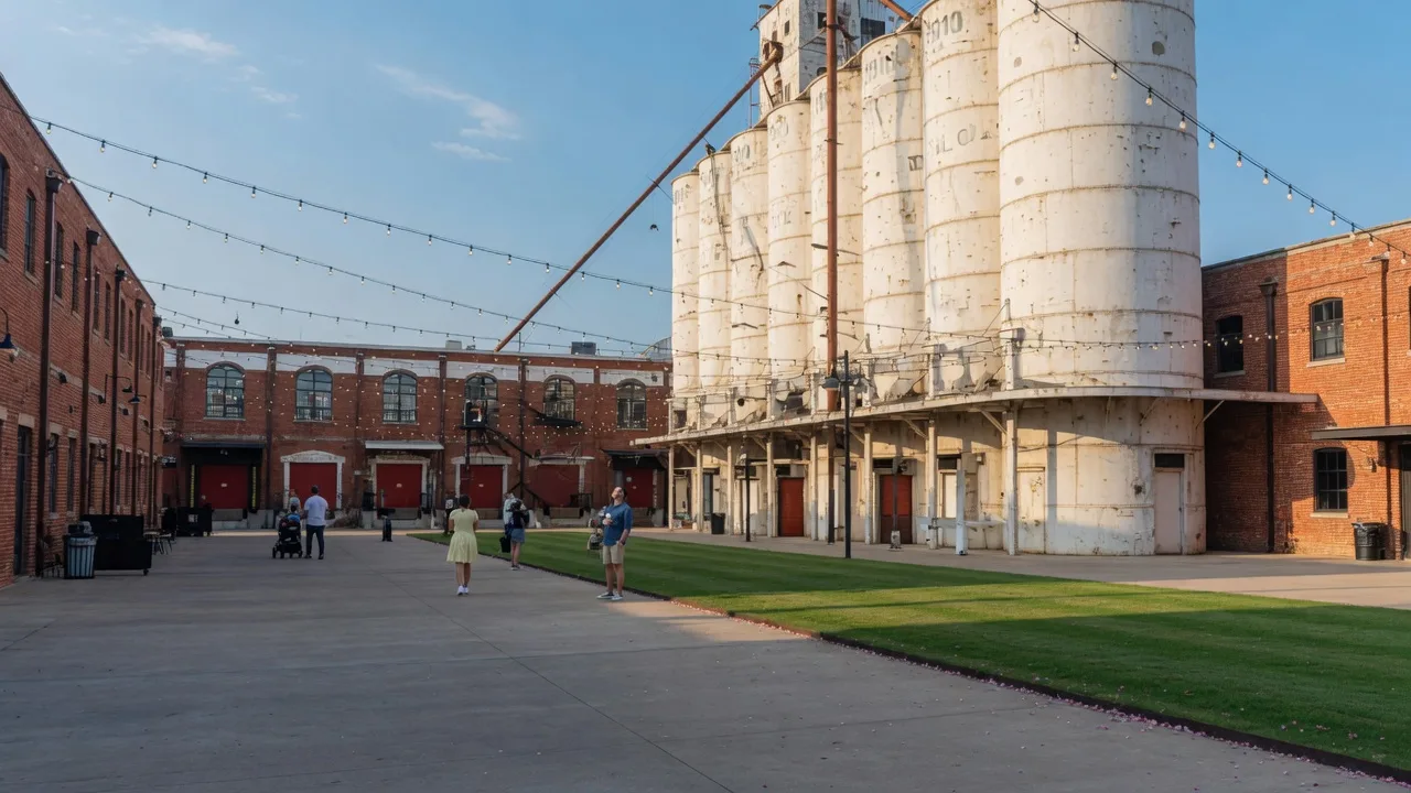 The landmark silos at Magnolia Market in Waco rising over the courtyard lawn on a bright morning
