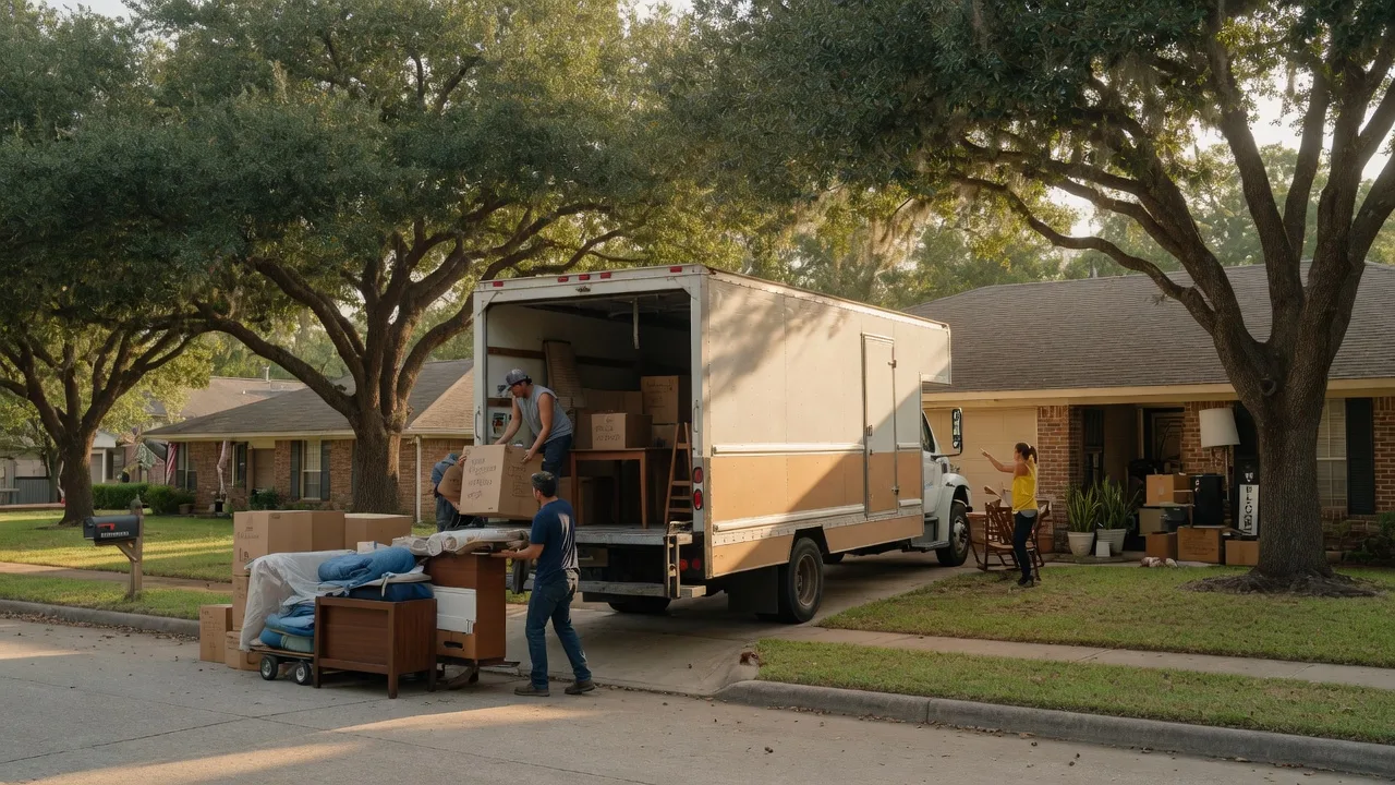 A moving truck parked in front of a suburban Lake Houston home with boxes being unloaded, framed by mature oak trees in golden afternoon light