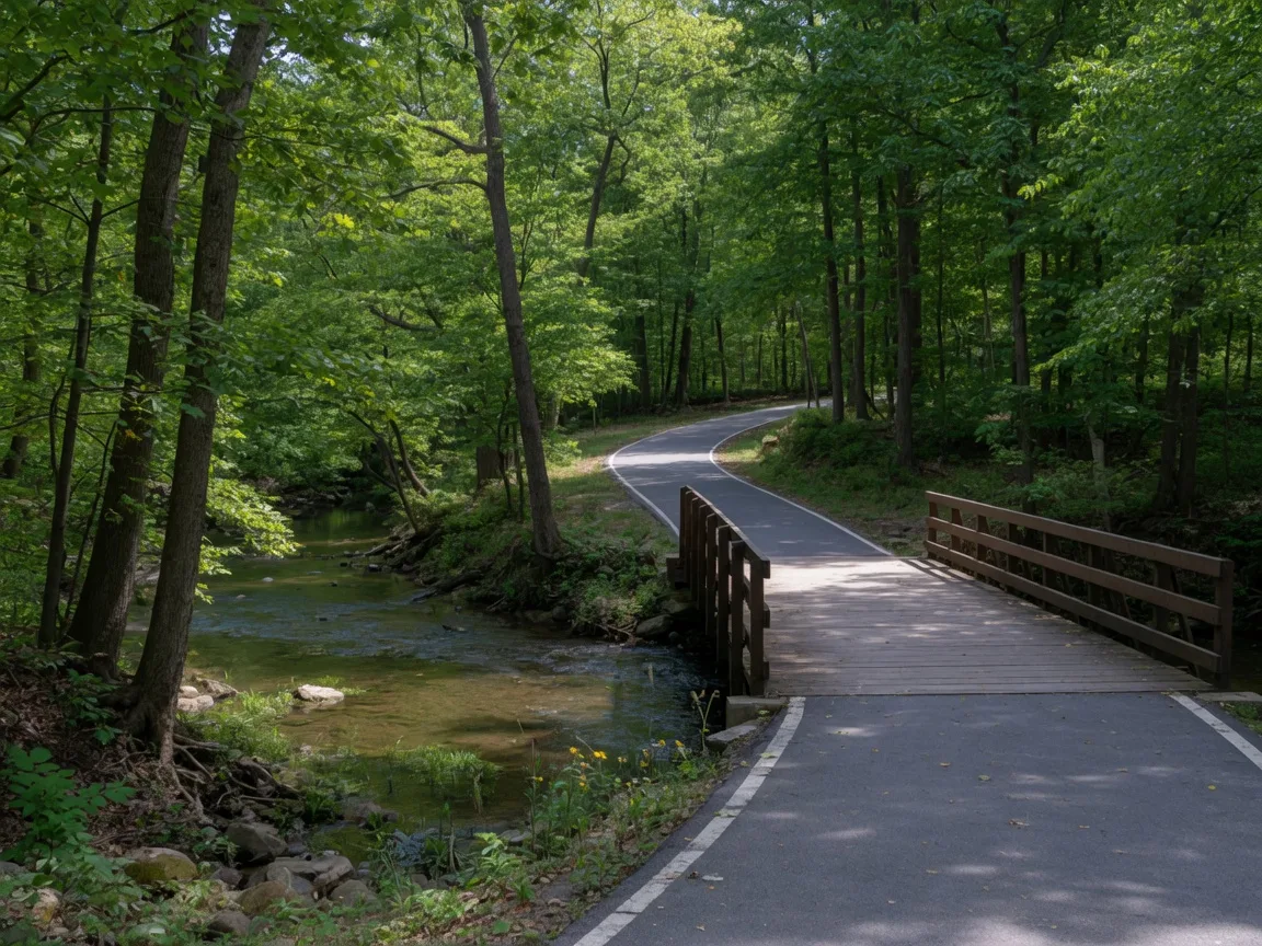 A wooded trail in Pennypack Park running beside slow-moving Pennypack Creek near Bustleton in Northeast Philadelphia