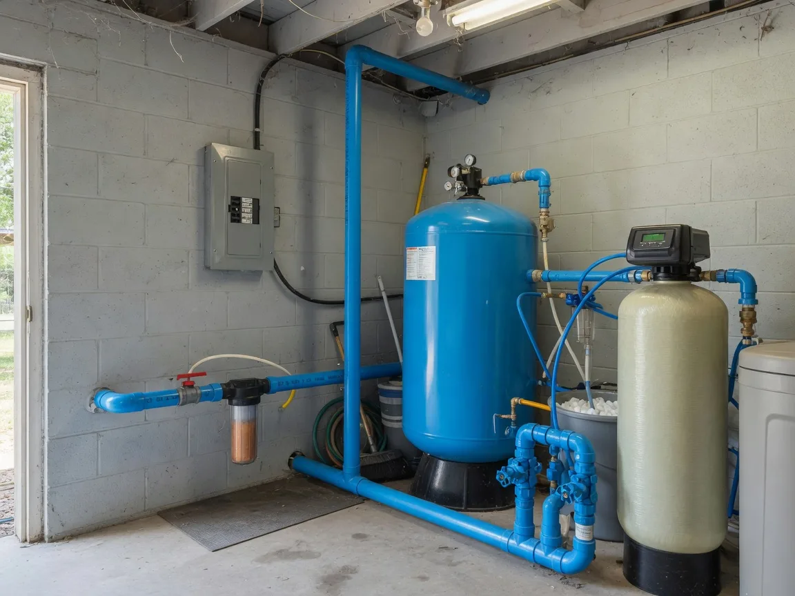 A modern well pressure tank and water treatment system in a Texas Hill Country utility closet, with blue PVC pipes, a sediment filter, and a water softener visible in a clean, well-lit space