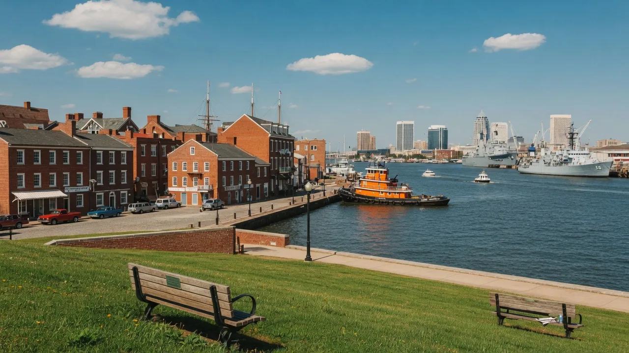 Portsmouth Virginia waterfront with historic Olde Towne buildings and Elizabeth River