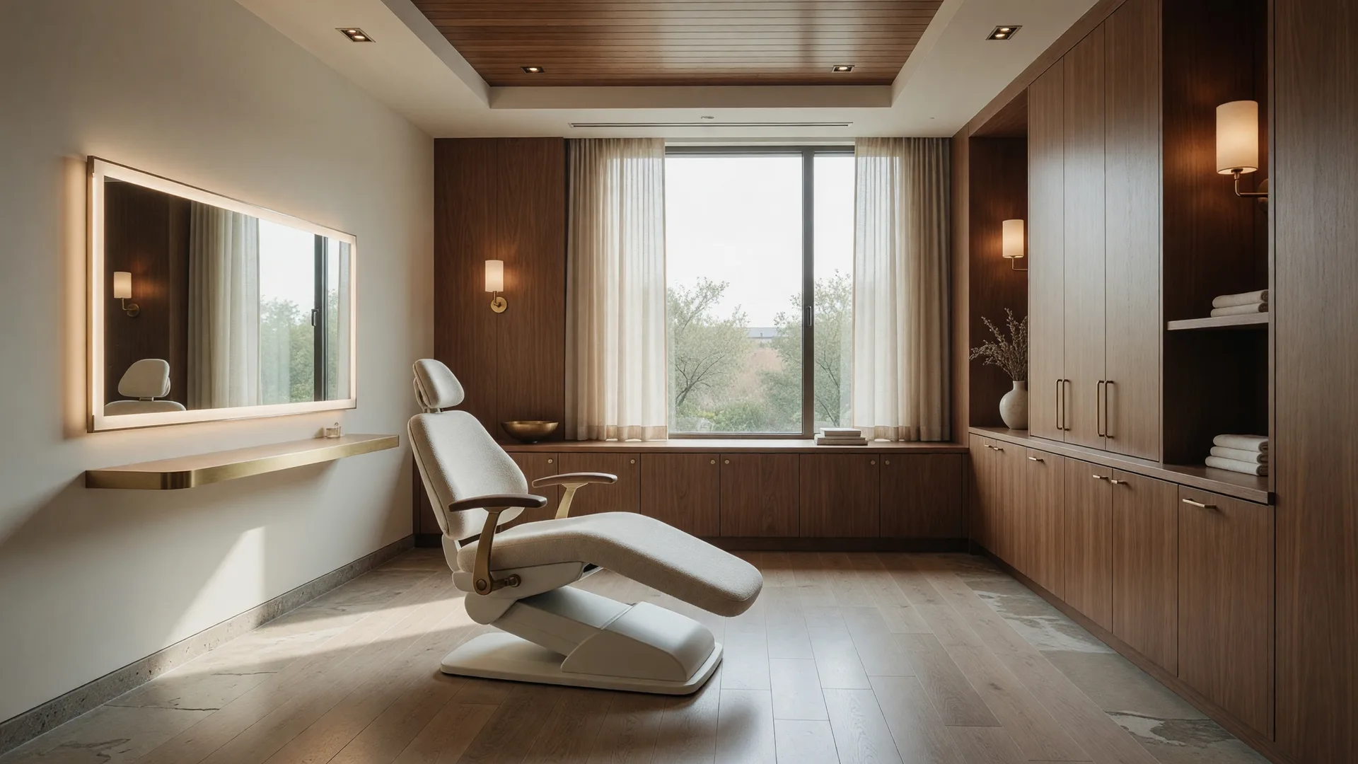 A premium modern dental operatory with warm wood and brass accents