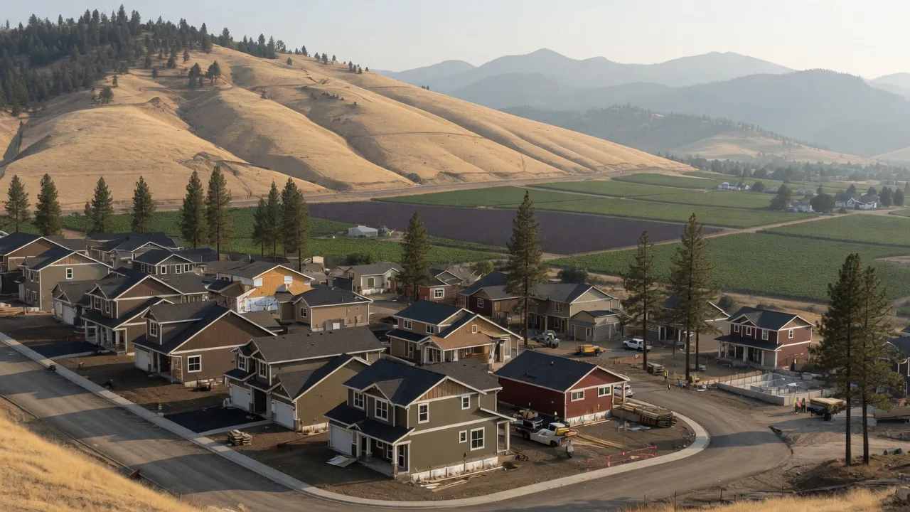 New craftsman-style homes in a new construction community on a hillside in the Rogue Valley near Medford, Oregon on a clear late-summer morning