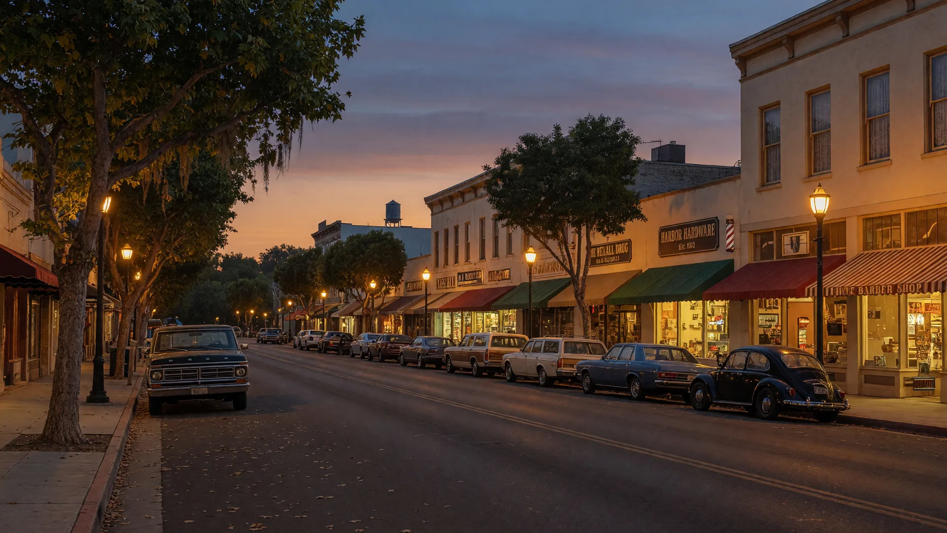 Old Town Newhall's historic Main Street at dusk, with warm lamplight illuminating vintage storefronts