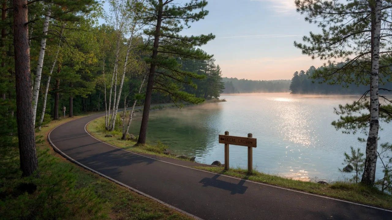 Paved lakeside trail curving along the clear shoreline of Gull Lake in morning light