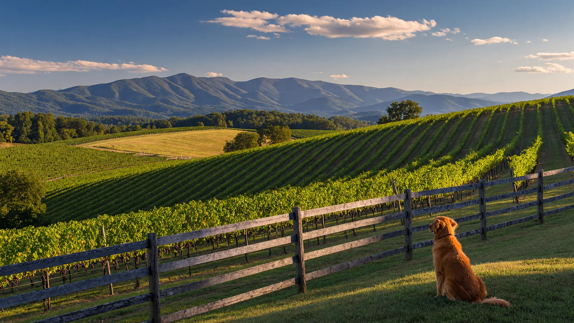 Breathtaking view from a Loudoun County hillside vineyard looking west toward the Blue Ridge Mountains with rows of grapevines and a golden retriever on a grassy hilltop