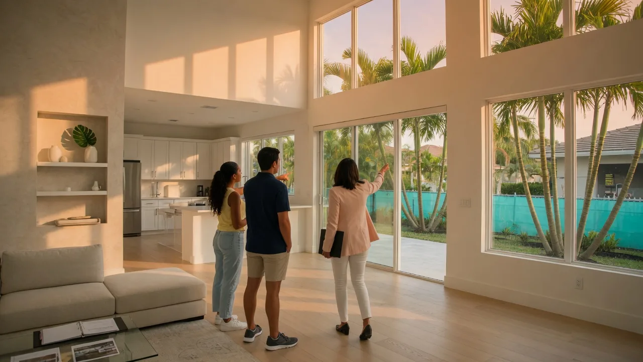 A couple touring a bright, modern Tampa Bay home with an agent, warm light filling an open-plan living room