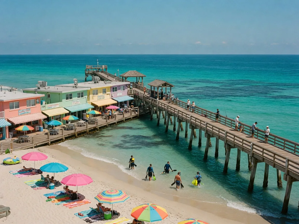 The Lauderdale-by-the-Sea fishing pier over turquoise Atlantic water at morning, with low-rise beach shops and umbrellas on white sand