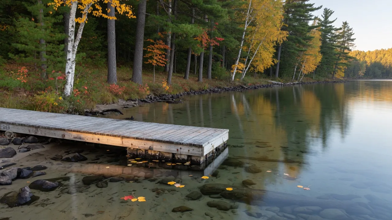 Minnesota lake shoreline with a wooden dock and clear shallow water at morning light