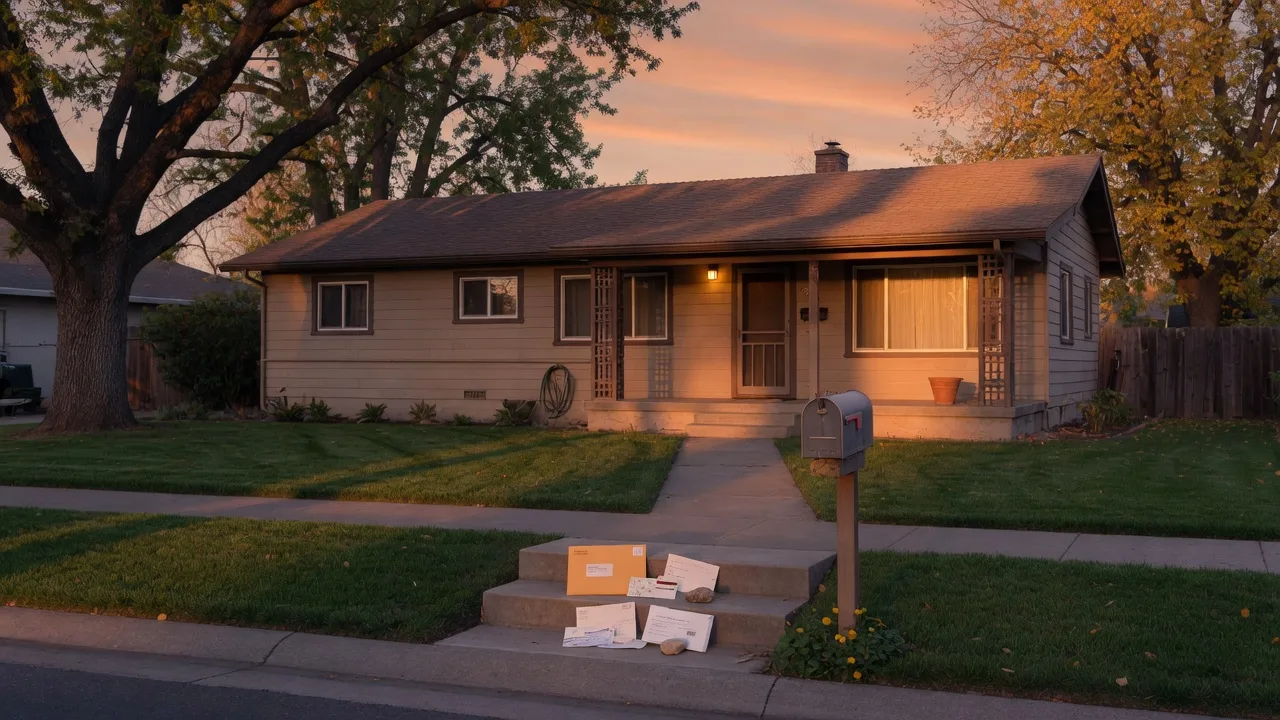 A classic 1970s Sacramento tract home at golden hour with a stack of mail and documents on the entry step