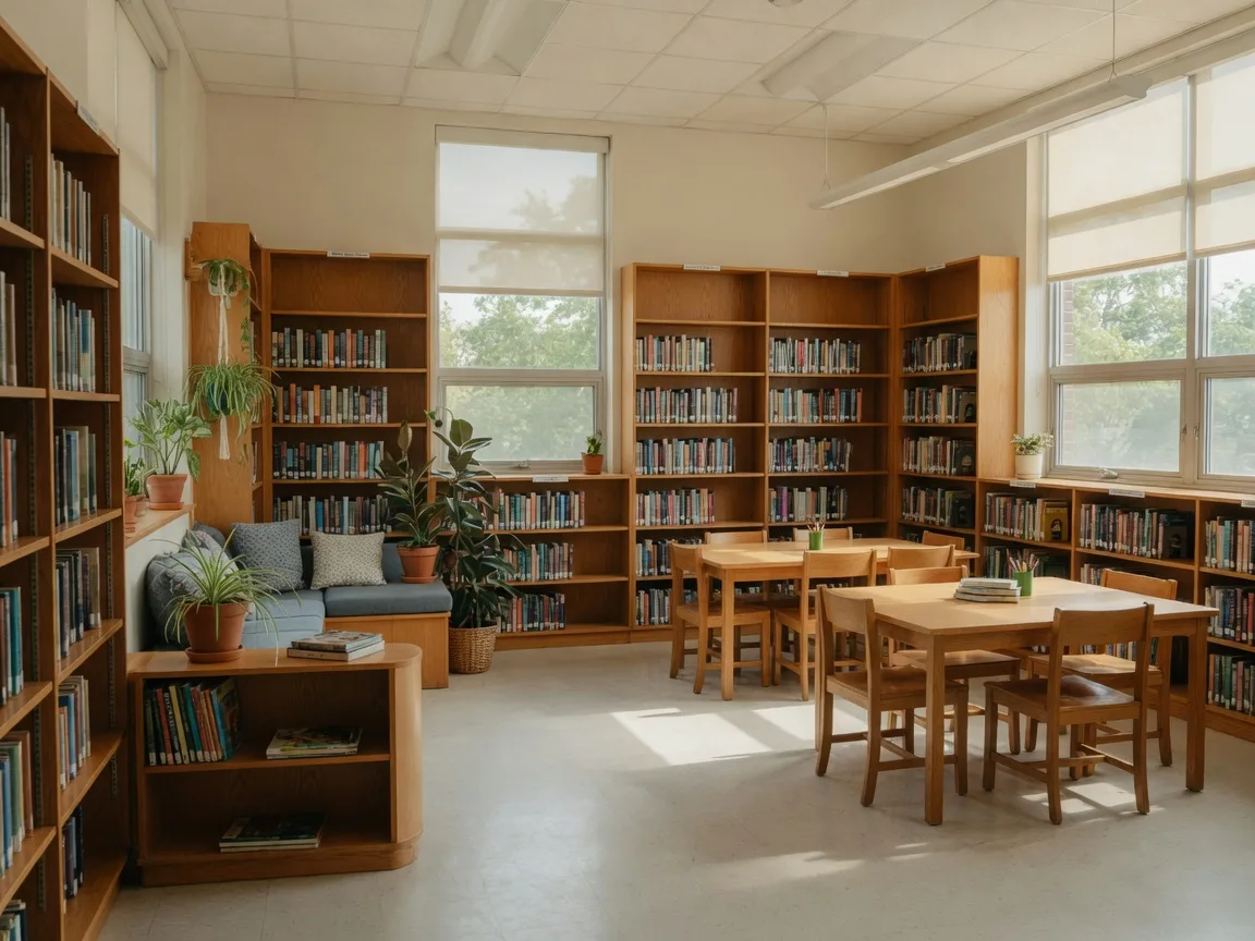 A bright school library with wood shelving, study tables, and natural window light