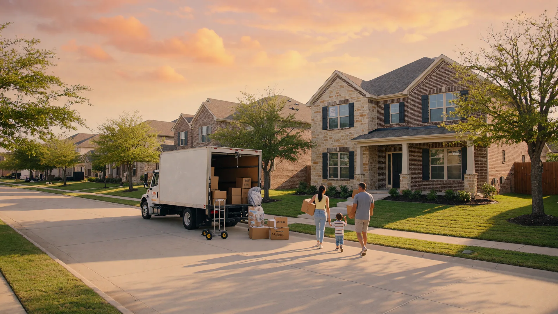 A family carrying boxes into a new-construction North Texas home at golden hour