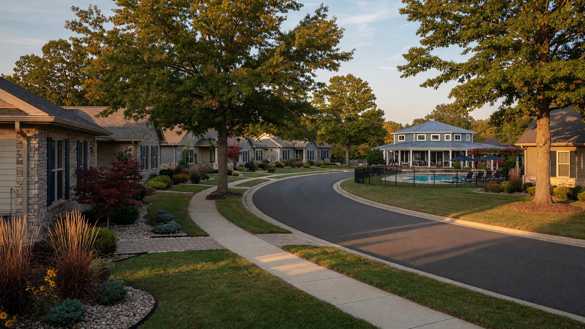 An upscale active-adult 55+ community in central Indiana in late September, with single-story ranch homes, a clubhouse pavilion, and golden-hour light on the walking paths