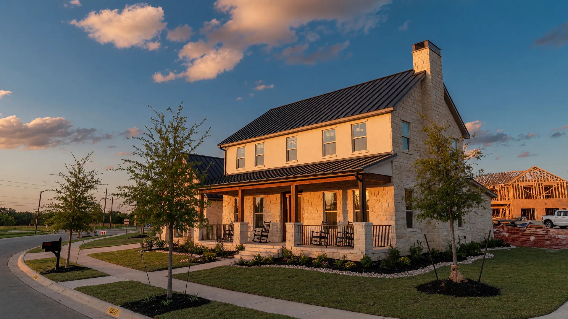 A newly built custom home in Central Texas at golden hour