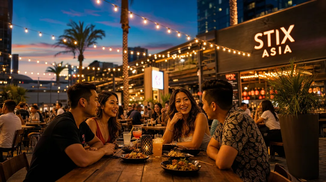Outdoor dining plaza at dusk in Southwest Las Vegas with warm string lights, modern architecture, and the STIX ASIA sign at UnCommons
