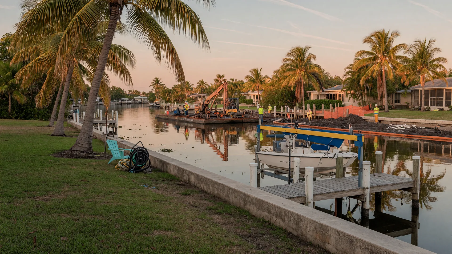 A South Florida waterfront backyard with a private dock and boat lift on a calm canal and a dredging barge working in the distance