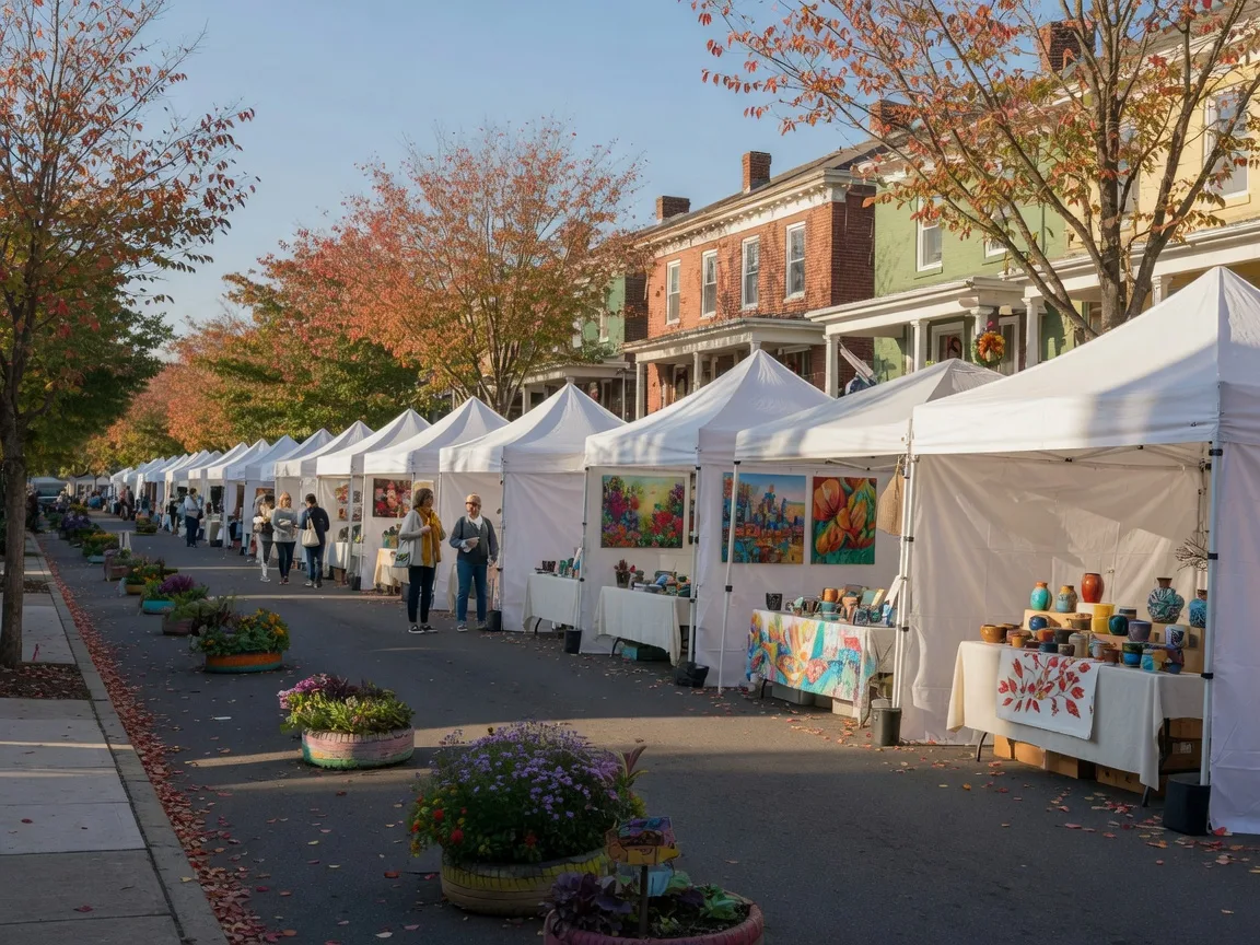 Fall arts festival in the Del Ray neighborhood of Alexandria, Virginia with white artist tents along Mount Vernon Avenue, brick bungalows and early-autumn trees with red and gold leaves behind, paintings and pottery displayed on tables in warm morning light