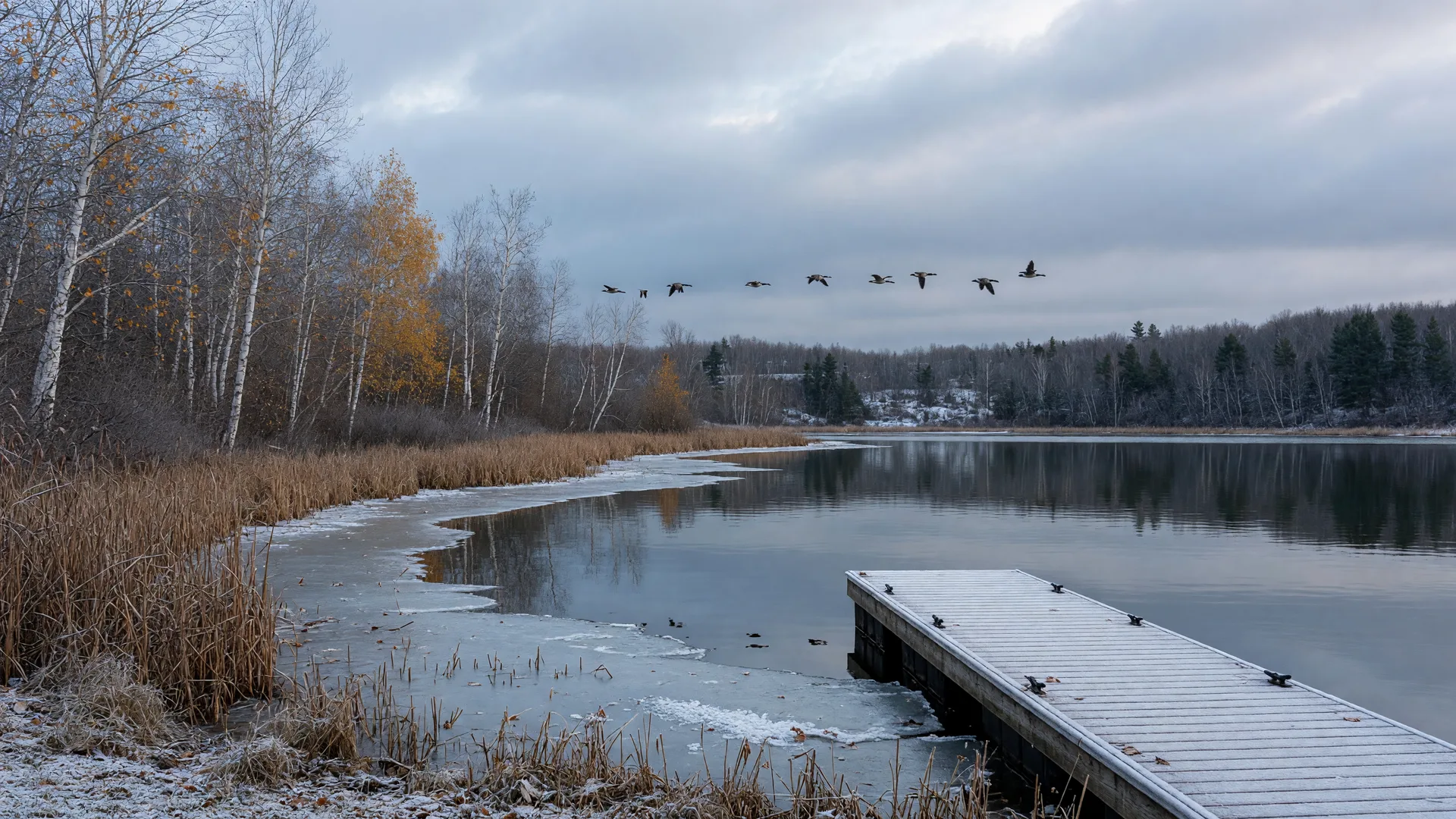 A central Minnesota lake on the last week of October under a low cold-front sky, frost on a wooden dock, thin shelf ice creeping from a reedy shoreline, bare birch and aspen with a few last amber leaves, a small flock of migrating geese over the water, and a faint dusting of snow on the far treeline