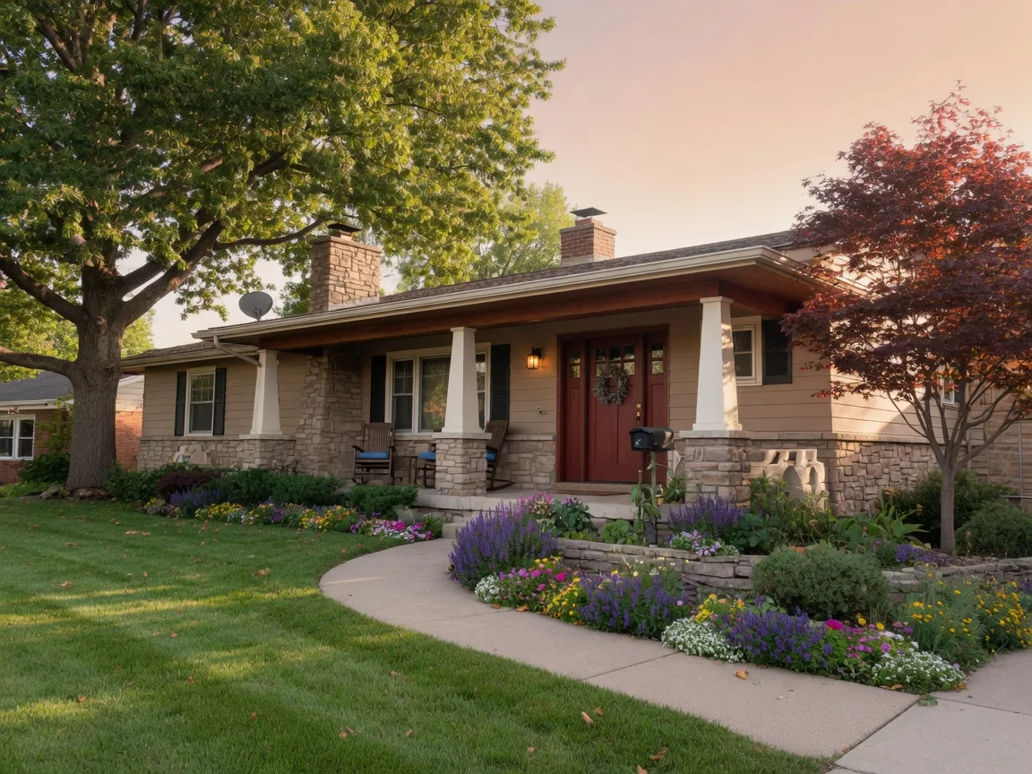 Beautiful ranch-style home exterior with stone and siding, covered front porch, and mature landscaping in Kansas City