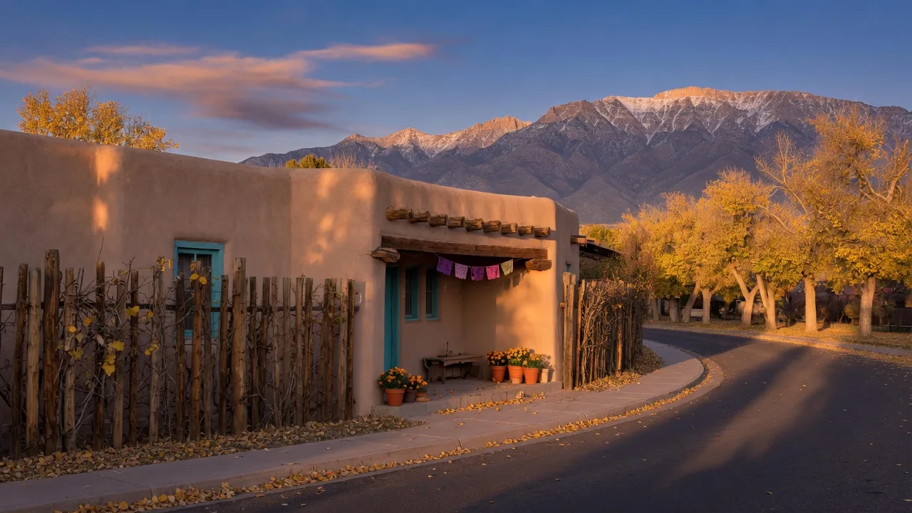 Golden cottonwoods lining a quiet Albuquerque street in late October, warm autumn light on a curved stucco adobe-style home with vigas, marigolds on the porch, and snow-dusted Sandia Mountains rising behind under a clear blue sky