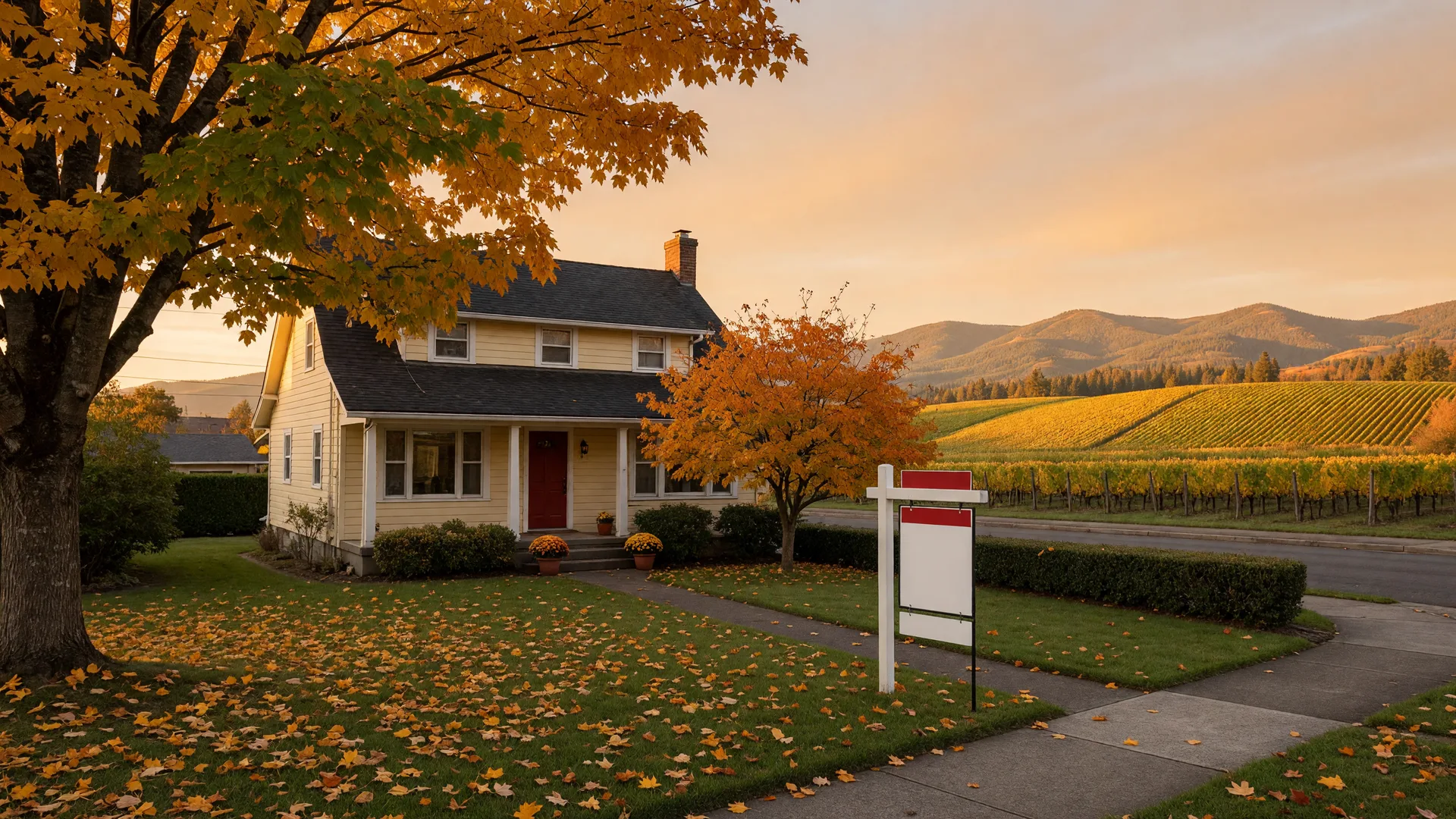 A classic single-family home on a quiet Cornelius street in early October, a for-sale sign in the yard, maples turning gold and amber under a golden-hour sky with the Chehalem Mountains vineyard hills in the distance