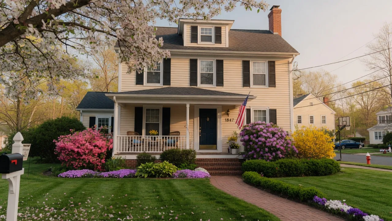 Welcoming colonial-style home in South Jersey on a sunny spring morning with a manicured lawn