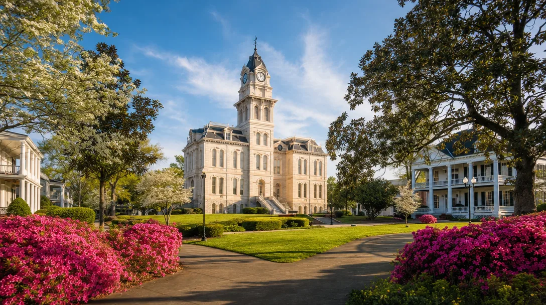 Athens' historic Limestone County Courthouse square with the clock tower, antebellum homes, and spring bloom