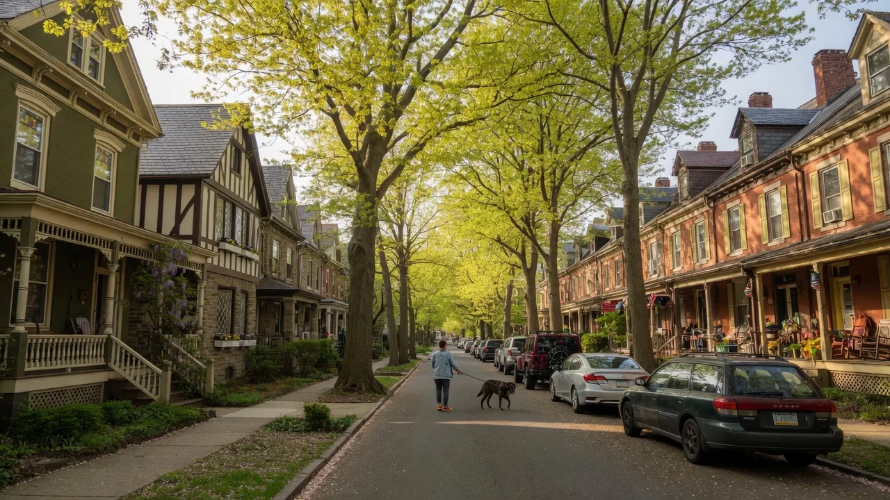 Leafy Mt. Airy street with Victorian and Tudor homes on a sunny afternoon