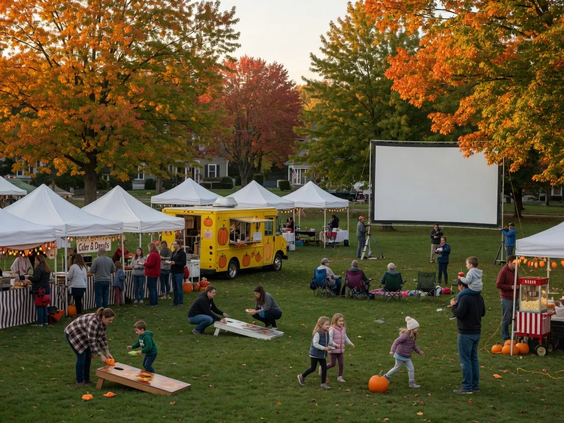 Abington Fest community festival on the lawn of Alverthorpe Park with white vendor tents, food trucks, families and kids enjoying activities, and an outdoor movie screen being set up under early-autumn foliage