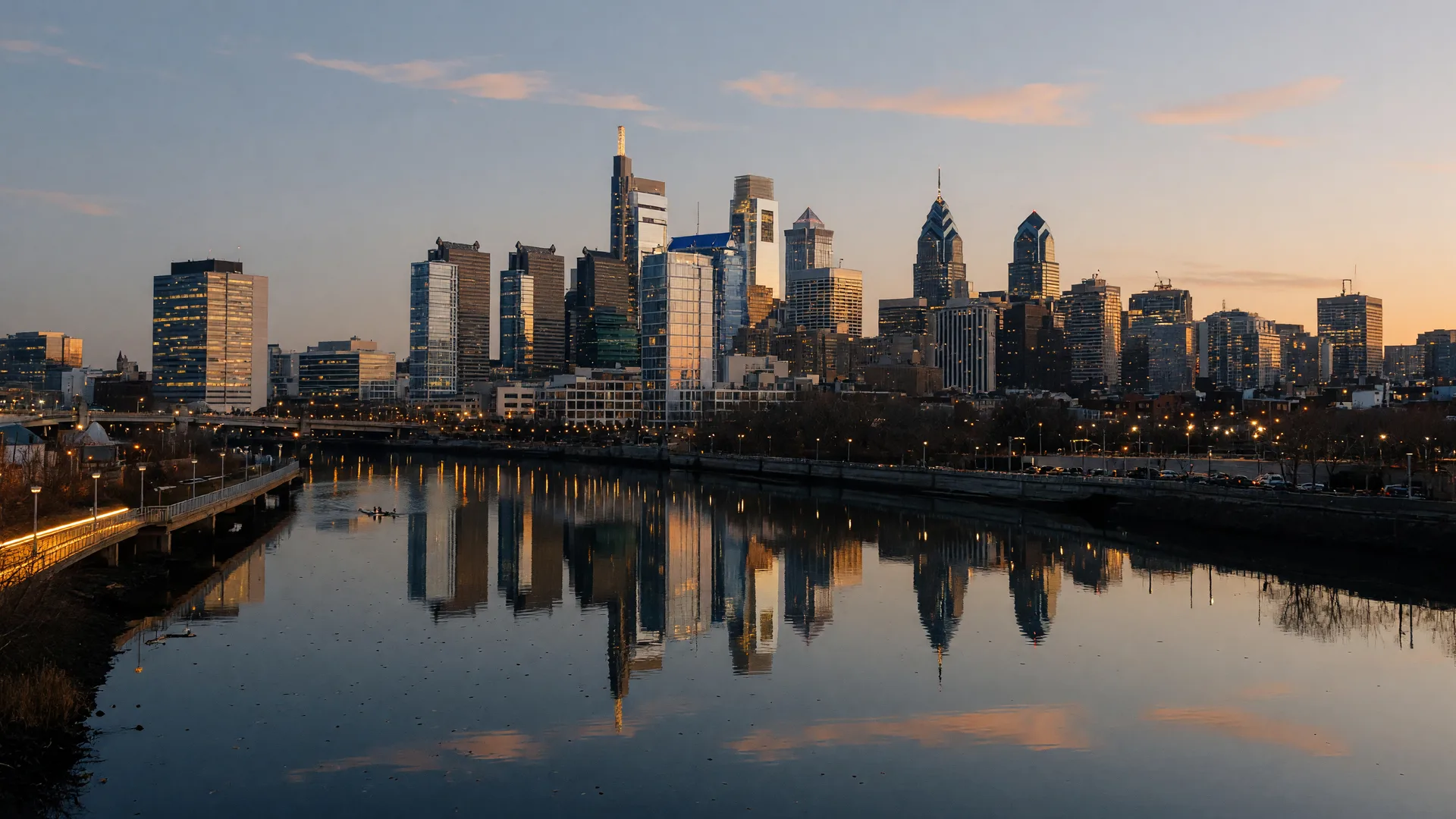 Philadelphia skyline across the Schuylkill River at golden hour