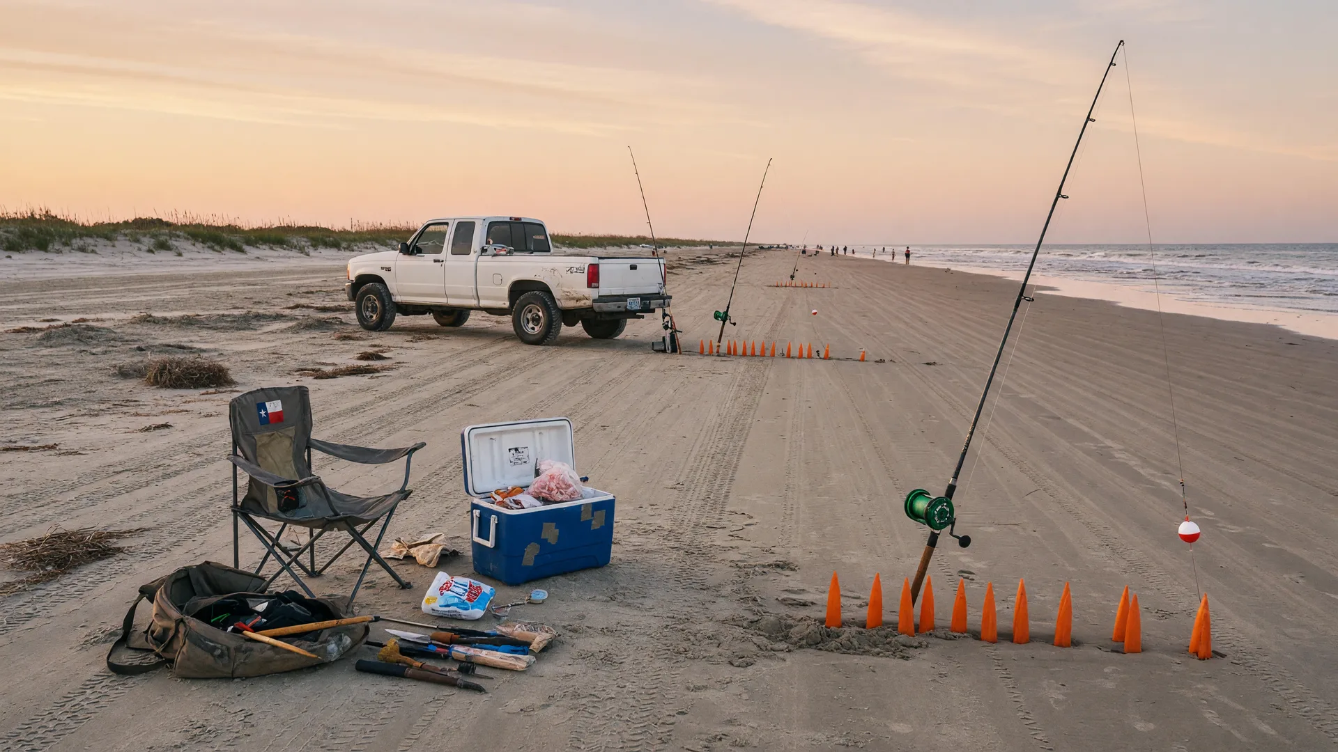 A quiet Texas beach with drivable sand and surf fishing setups