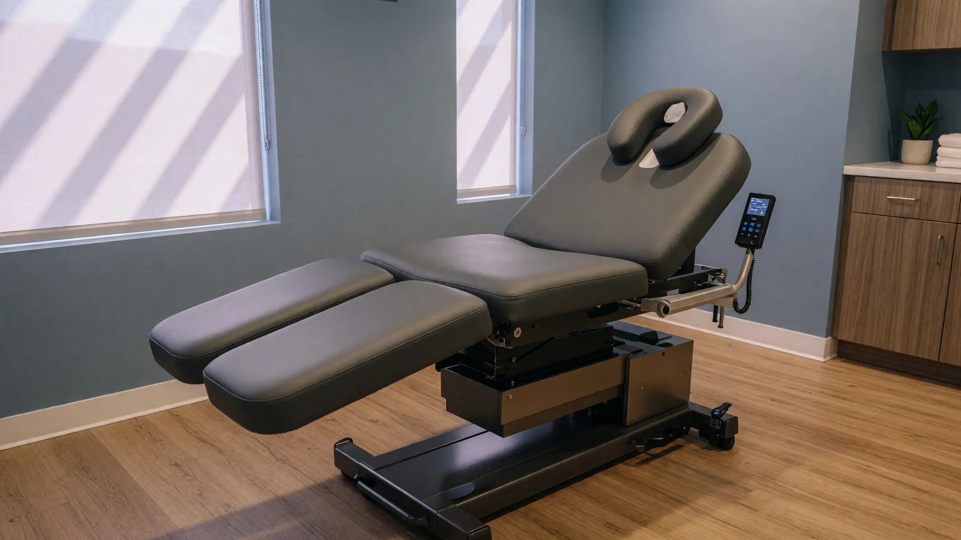 Computer-controlled spinal decompression table in a quiet treatment room