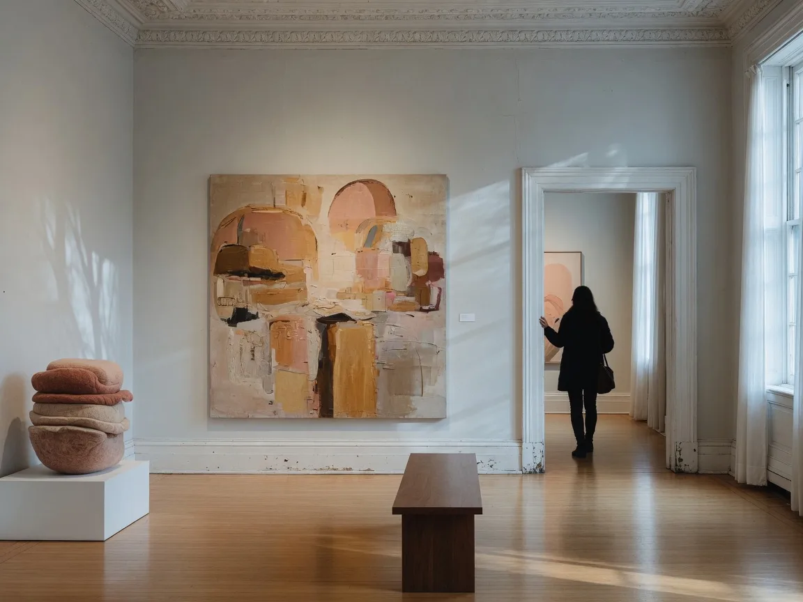 Interior of the Abington Art Center gallery with white walls, contemporary art installations, polished wood floor, natural light from large windows, and a quiet contemplative atmosphere