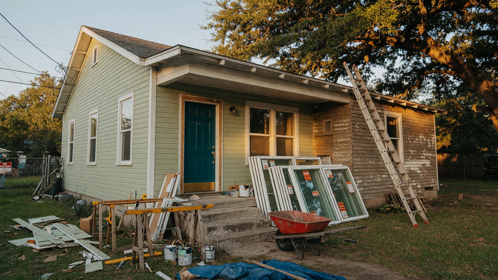 San Antonio fixer-upper bungalow mid-renovation with fresh paint and a ladder in the yard