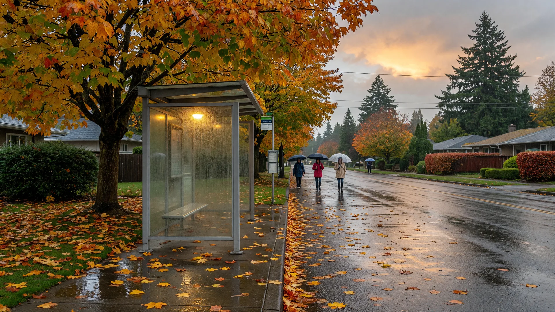 An autumn morning in Beaverton: a warm-lit glass bus shelter beside a tree-lined street, wet pavement reflecting golden maple leaves and commuters with umbrellas in the distance