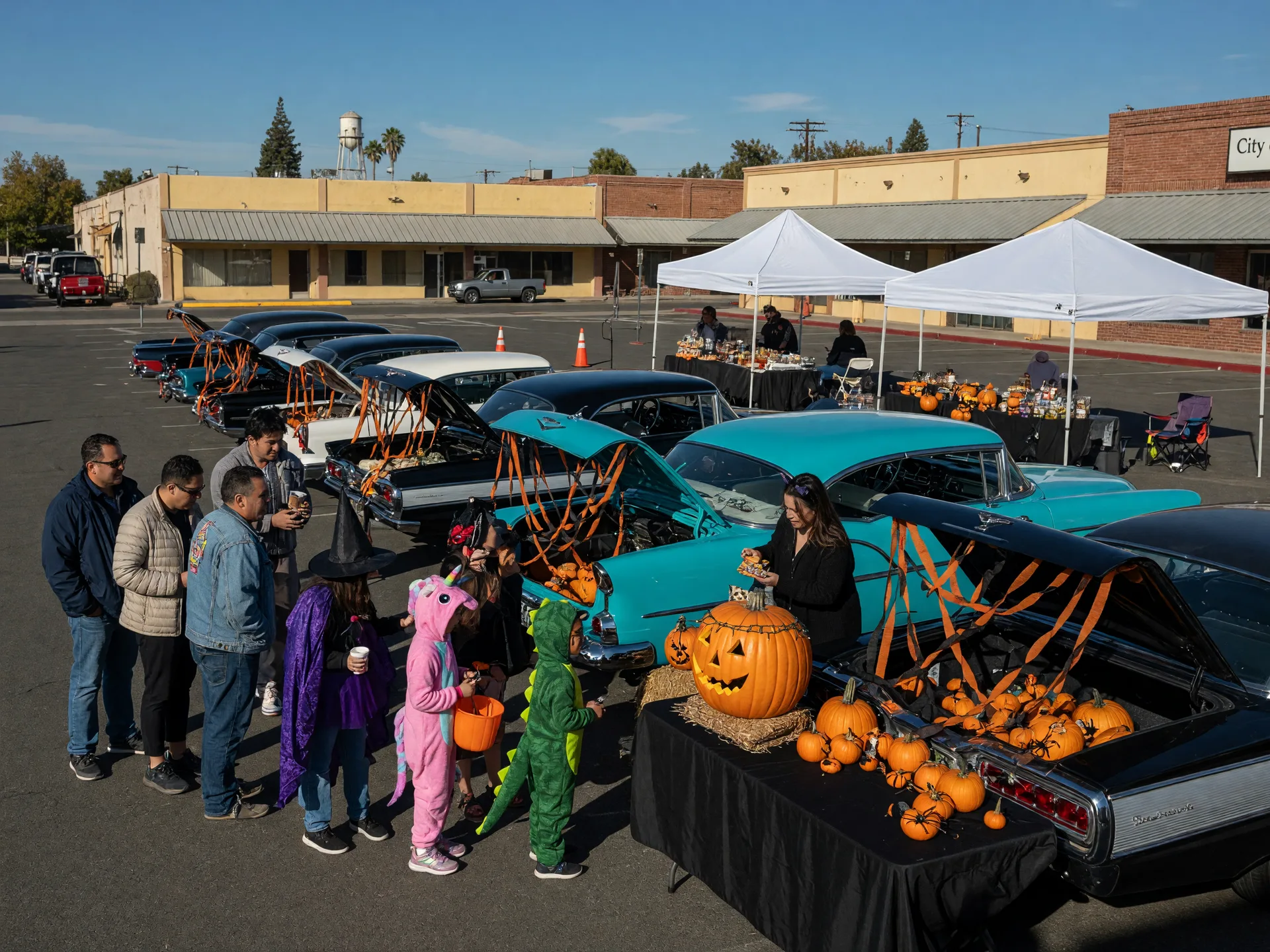 A family-friendly Halloween trunk-or-treat car show on a bright October Saturday afternoon, classic cars with trunks decorated in orange and black streamers and pumpkins, costumed children in a candy line with parents in light jackets, and vendor canopies under a clear blue autumn sky
