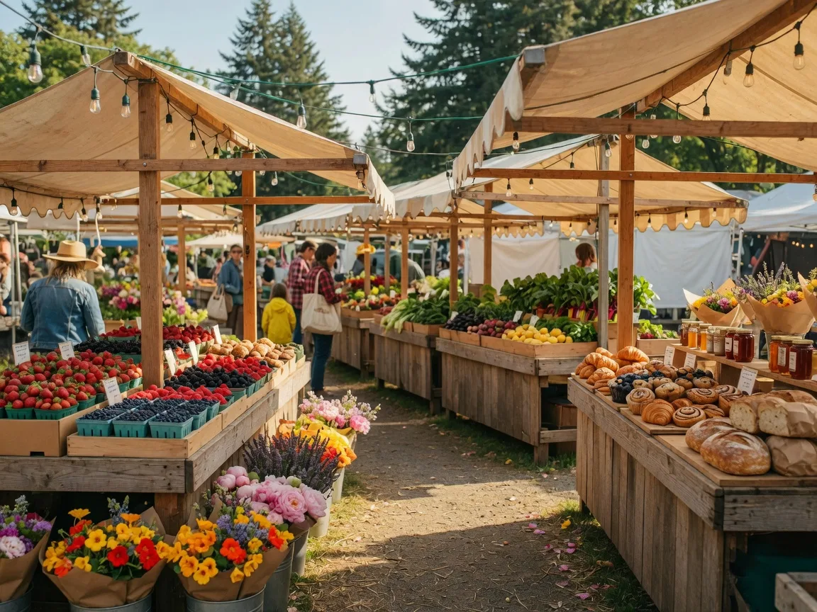 A sunny Saturday morning at a Pacific Northwest farmers market with fresh produce stalls