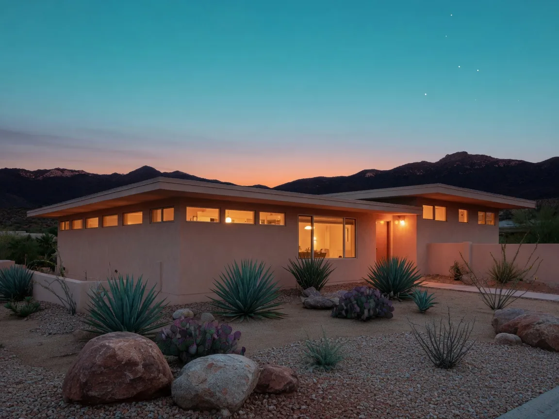 Southwestern suburban home at dusk with warm light in the windows and mountain silhouettes