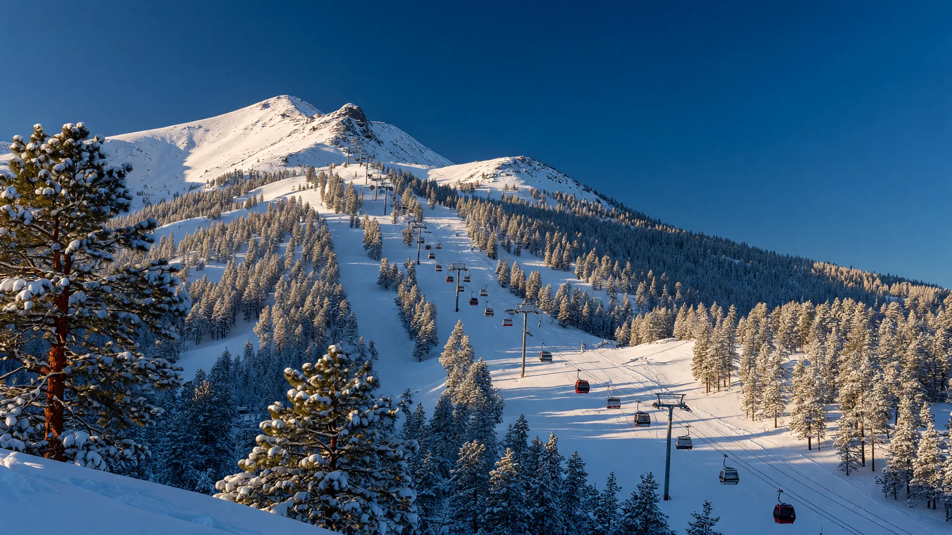 Ski runs and a gondola on the snow-covered San Francisco Peaks at Arizona Snowbowl near Flagstaff, Arizona