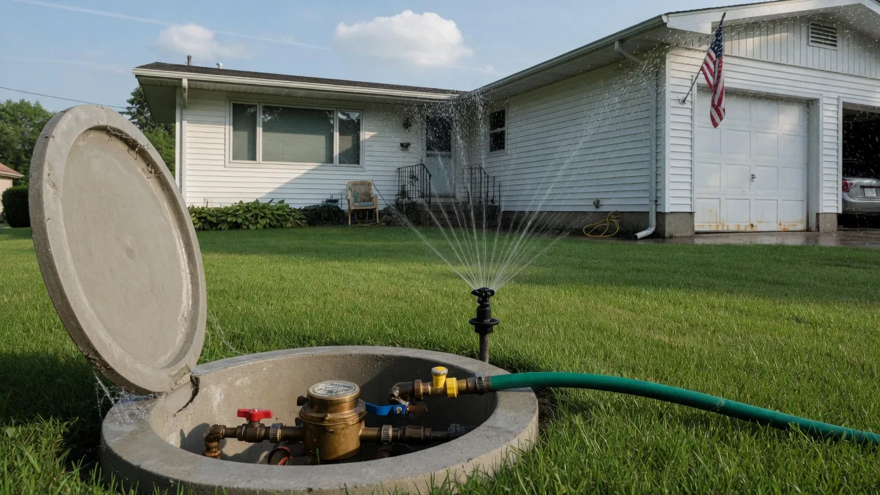 An open concrete water meter pit with a brass meter and shutoff valves in the side yard of a white suburban ranch home in Montgomery County, Ohio, with a garden hose and a lawn sprinkler arcing water across the grass