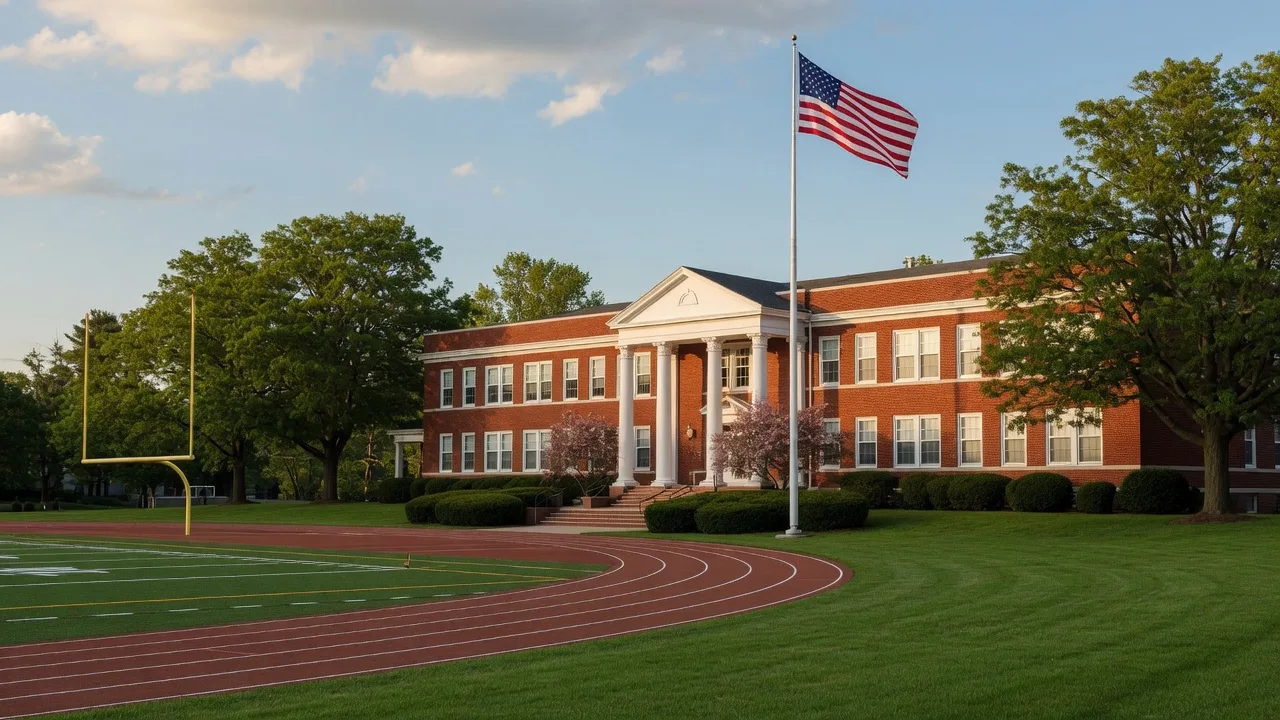 Red-brick Lower Moreland school campus with athletic fields and shade trees