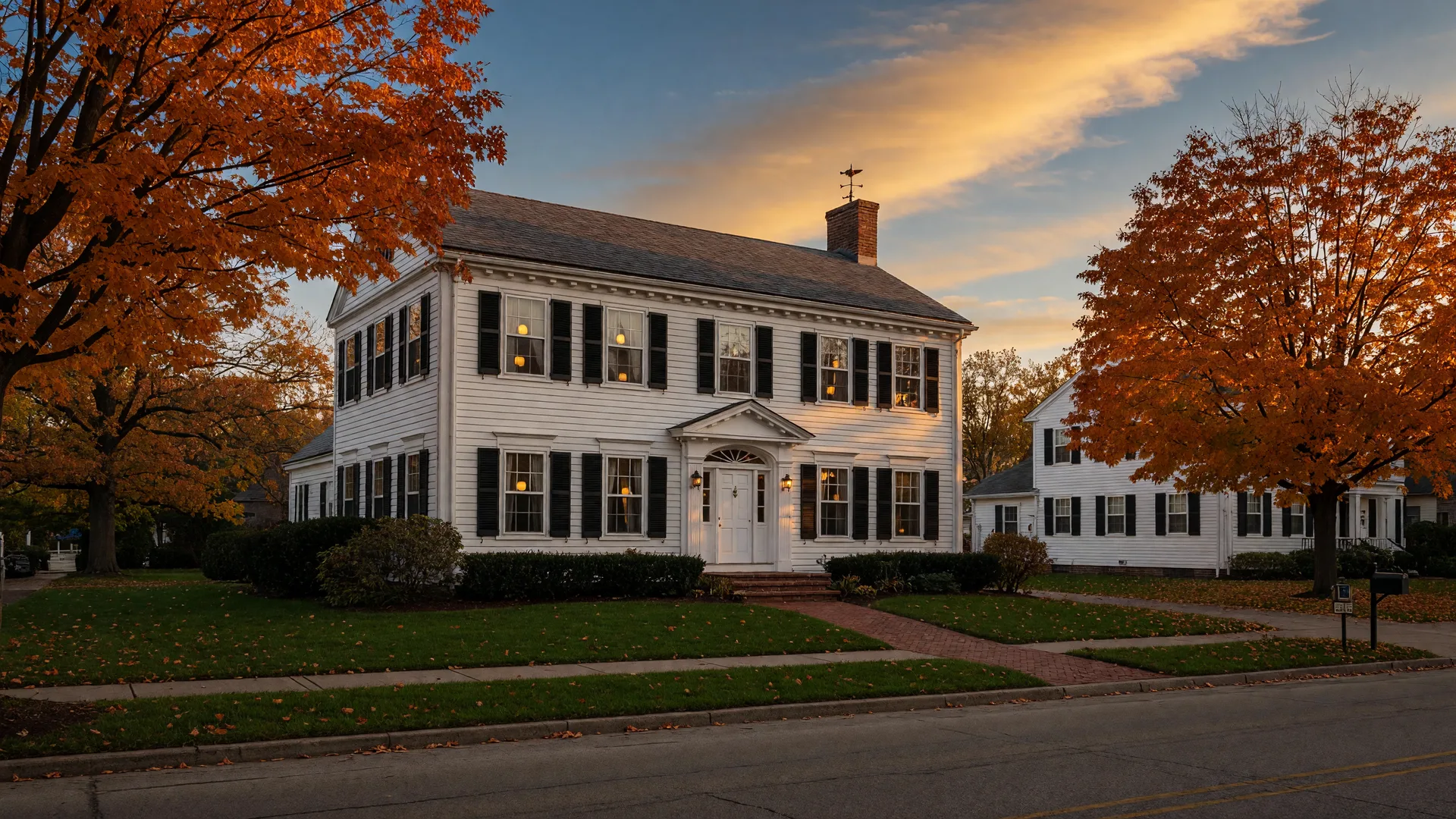A classic colonial family home glowing in golden evening light