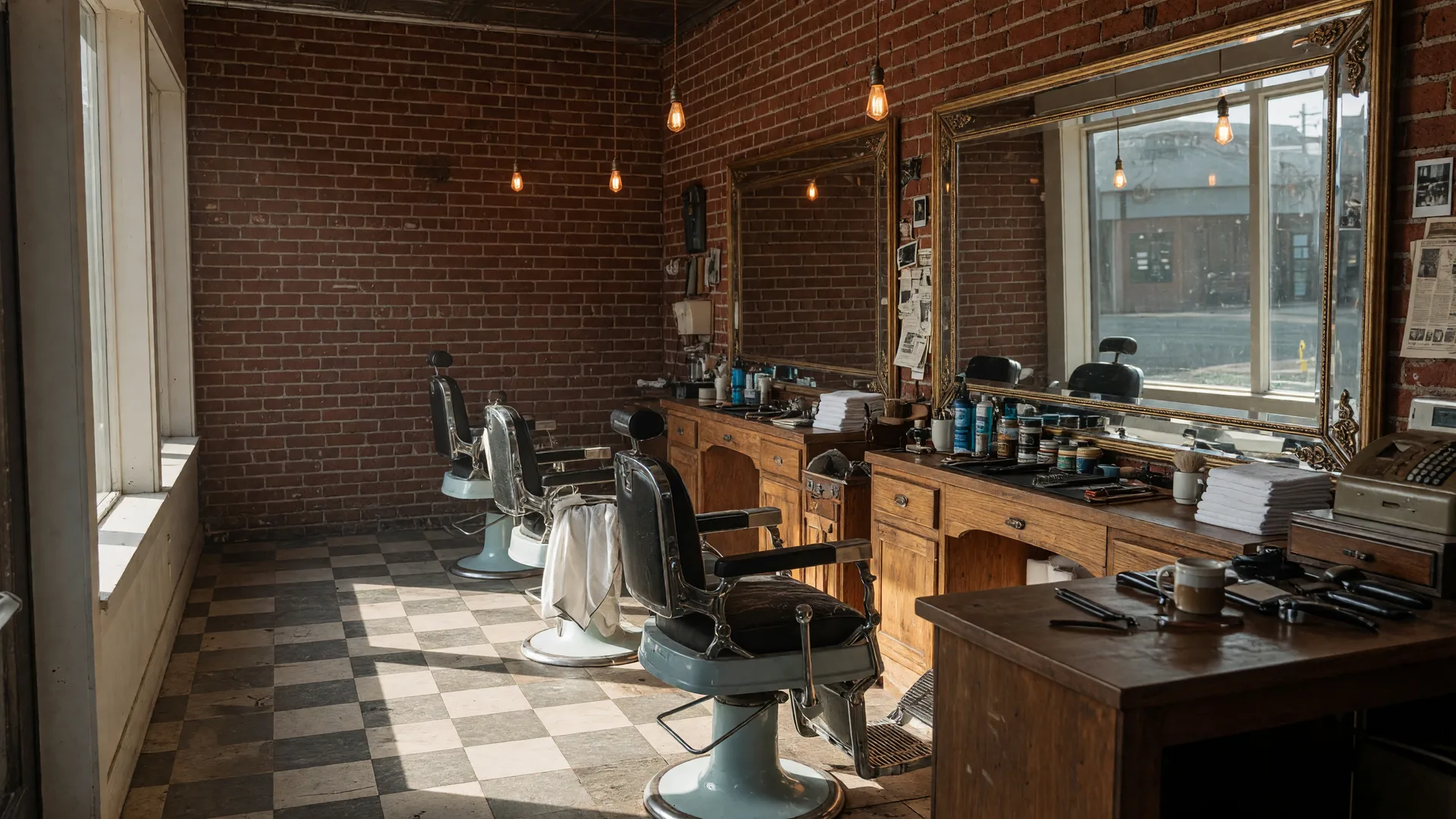 Retro-inspired interior of Avila's Barbershop & Salon on Canal Street in downtown Merced, with vintage chrome barber chairs, warm pendant lights, exposed brick walls, and a large wall mirror bathed in warm afternoon light
