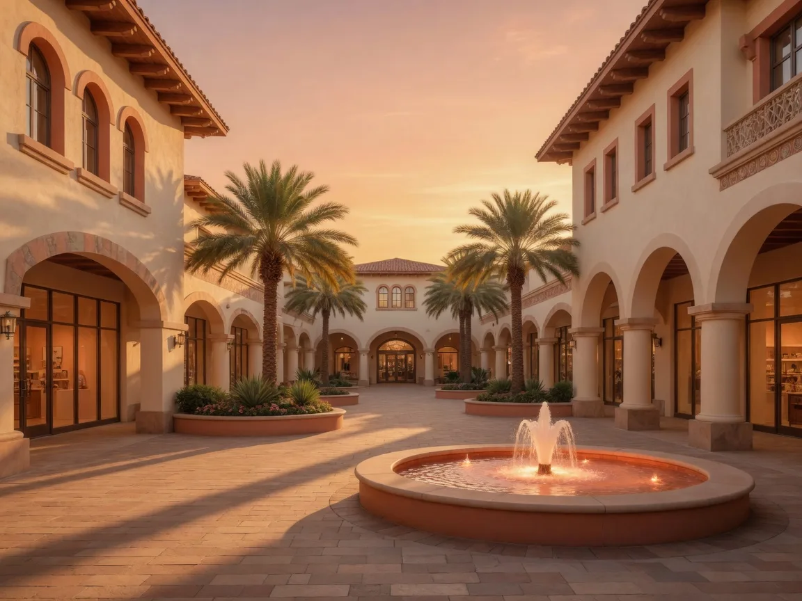 Palm-lined open-air shopping center with a fountain plaza at golden hour