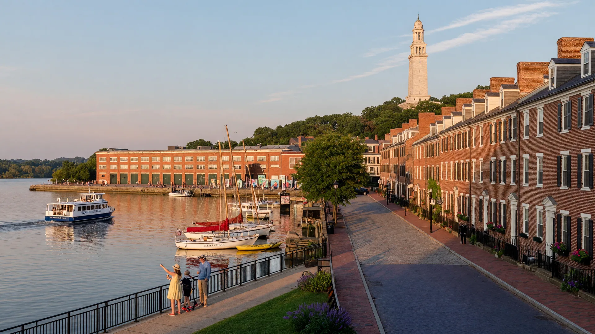 The Old Town Alexandria, Virginia waterfront at golden hour with historic King Street townhouses and the George Washington Masonic Memorial in the distance