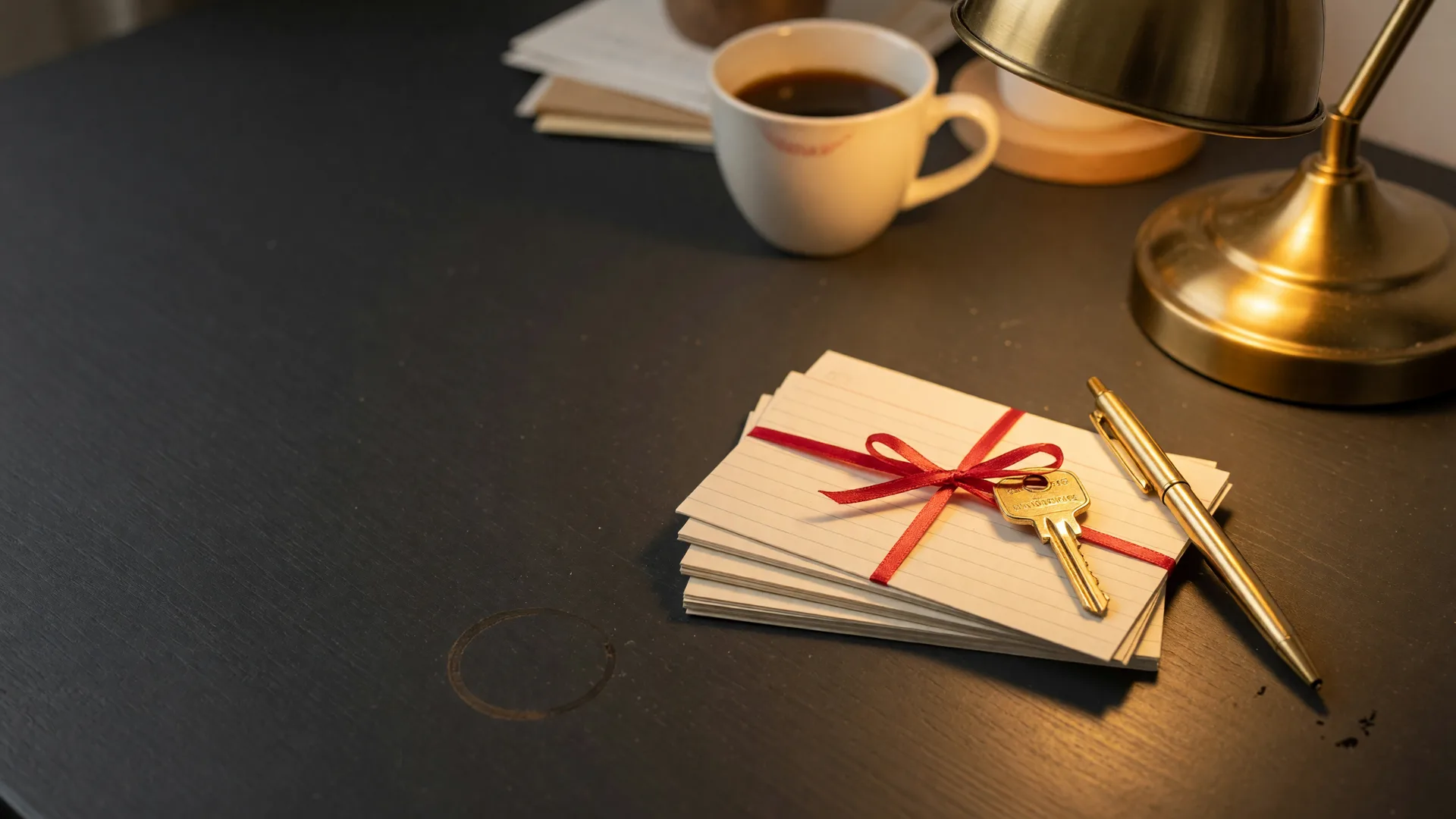 A charcoal desk with a neat stack of cream index cards tied with a thin red ribbon, a brass house key across the top card, a gold pen, coffee, and a warm brass lamp, the tools of the Red Hot and Ready bucket