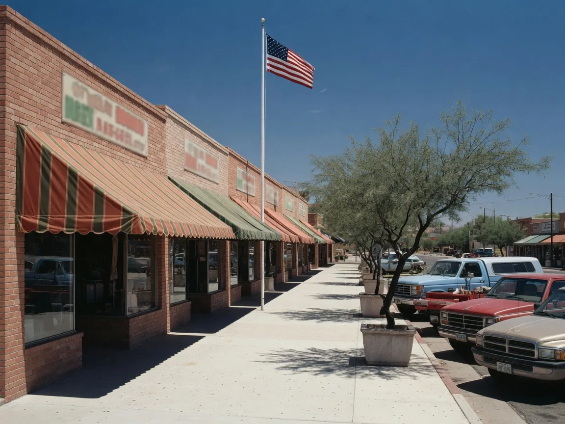 Historic brick storefronts along Monroe Ave in downtown Buckeye under a clear blue sky